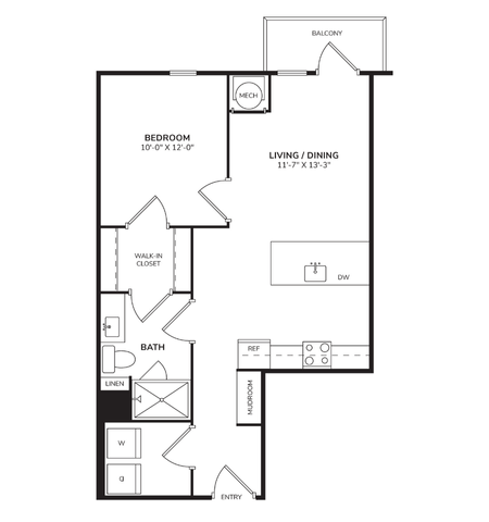 Floor plan for 1 bed, 1 bath, 693 sqft